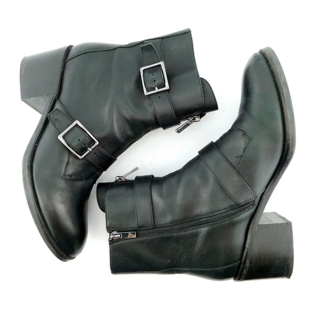 DONALD PLINER Black Leather Strap & Zipper Block Heel Ankle Boots 9.5